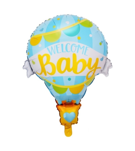 Balon din Folie Metalizata, Flippy, Mini Figurine, Model Balon cu Aer Cald Baietel, Tematica Welcome Baby, 80x62 cm, Ambalaj Individual, Pai Inclus, Umflare cu Aer sau Heliu, Albastru