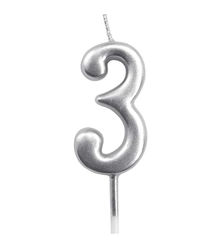 Lumanare de Tort, Flippy, Model Cifra 3, Party, 4.5 x 2.5 cm, din Parafina, Argintiu