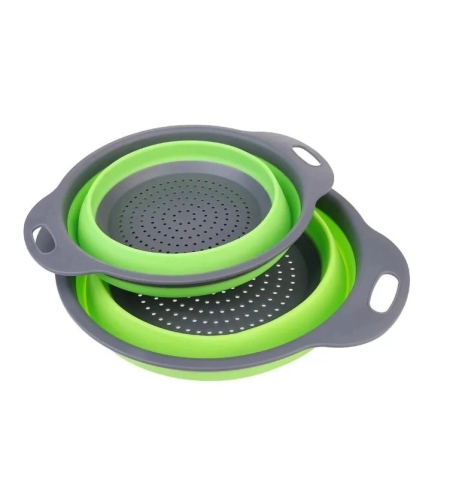 Set 2 strecuratori pliabile din silicon alimentar Flippy, cu manere, fund antiaderent si antialunecare, rotunda, doua dimensiuni, usor de depozitat, compatibil cu masina de spalat vase, verde