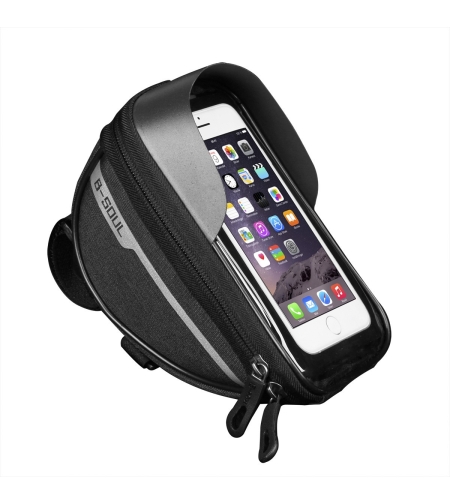 Borseta bicicleta impermeabila cu husa pentru telefon Flippy, montare pe ghidon, compatibila cu telefoane de pana la 16 cm, spatiu depozitare, 18.5x9.5 cm, negru
