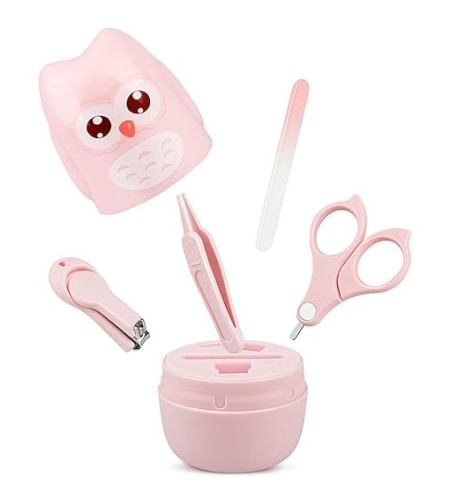 Set 4 Piese Ingrijire Unghii Bebelusi, Flippy, din ABS+Otel Inoxidabil, Cutie de Depozitare Tip Bufnita, de la 0 Luni, 11.5 x 5 x 11.5 cm, Roz