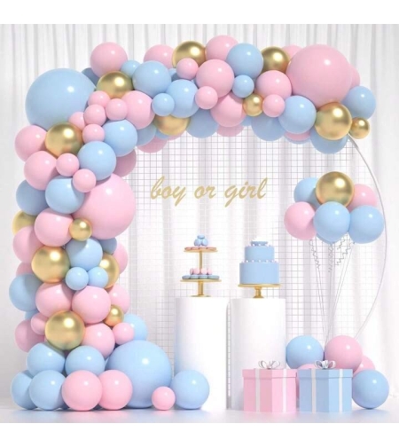 Baloane decorative pentru BABY SHOWER, Flippy, Arcada Set 106 baloane din latex, Model Petrecere, Baloane Party, 12 cm, 30 cm, 45 cm, Roz, Albastru, Gold