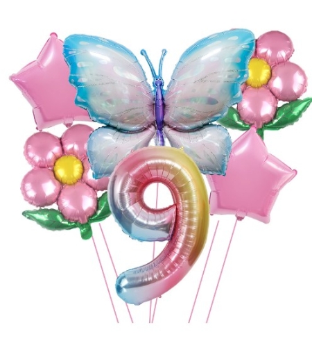 Set baloane aniversare cu numere, din folie de aluminiu, 6 piese, 2 flori, 2 stelute, 1 fluture, 1 cifra, Multicolor, Cifra 9
