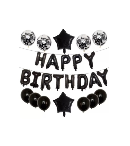Set 25 de Baloane din Folie Metalizata si Latex, Flippy, Figurine 2 Stele, 4 Baloane Confetti, 13 Litere, 6 Latex, Model Happy Birthday, Tema Aniversare, 40 cm, Ambalaj Individual, Pai Inclus, Umflare cu Aer sau Heliu, Negru