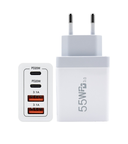 Incarcator Fast Charge pentru Telefon 55W, Flippy, Incarcator Quick Charge cu 2 Porturi USB-A 3.1A & 2 Porturi USB-C, Power Delivery 55W, Cap Standard European, Alb