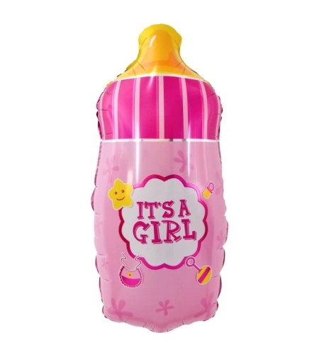Balon din Folie Metalizata, Flippy, Mini Figurina Biberon, Model It's a Girl, Tematica Gender Reveal, 44x20 cm, Ambalaj Individual, Pai Inclus, Umflare cu Aer sau Heliu, Roz