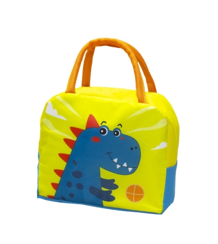 Geanta Termoizolanta pentru Copii, Flippy, 23x13x19 cm, Model Imprimeu Dinozaur, din Folie de Aluminiu si Panza Oxford, Albastru/Galben