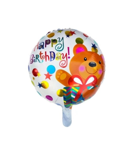 Balon din Folie Metalizata, Flippy, Mini Figurina Rotunda, Model Happy Birthday Ursulet, Tema Aniversare, 45 cm, Ambalaj Individual, Pai inclus, Umflare cu Aer sau Heliu, Maro