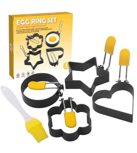 Set 4 forme pentru ou Flippy, din otel, strat antiaderent, diametru 7.5 cm, cu maner din ABS, negru