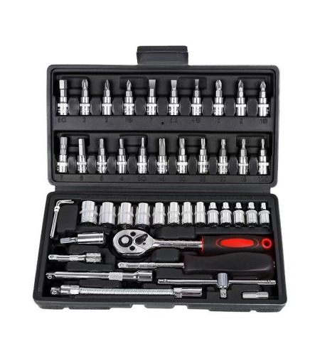 Chei tubulare Set 46 de Piese, Flippy, Trusa Scule de Reparatii Auto, Prelungitoare Rigid si Flexibil, Articulatie Cardanica, Antrenor de Forta Glisant, Adaptoare, Maner pentru Surubelnita, 23 x 12 x 4 cm, 1.9 kg, Cutie Neagra