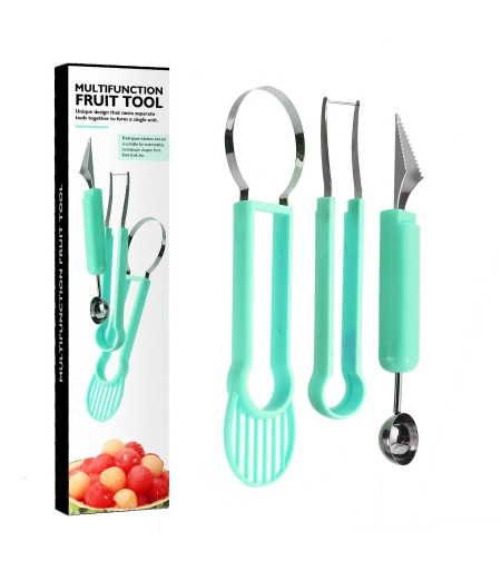 Ustensila bucatarie 4 in 1 pentru taiat si decorat fructe Flippy, material inox si plastic, compact, 28x6.2 cm, verde