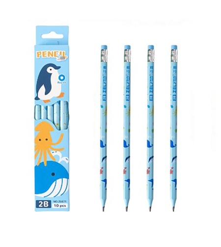 Set 10 Creioane Negre, Flippy, 2B, pentru Elevi Scoala, cu Radiera, Model Albastru cu Pinguini