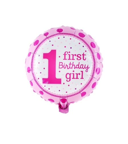 Balon din Folie Metalizata, Flippy, Prima Aniversare, Model First Birthday Girl, 45 cm, Ambalaj Individual, Pai Inclus, Umflare cu Aer sau Heliu, Roz