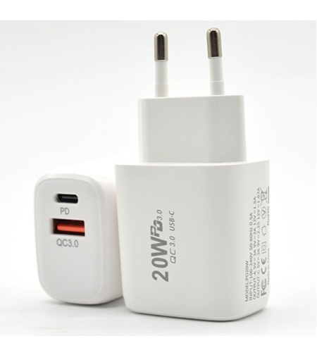 Incarcator Fast Charging pentru Telefon, Flippy, Dual Port USB-A si USB-C cu Cap de Incarcare Standard European, Power Delivery 20W Q.C 3.0, Alb