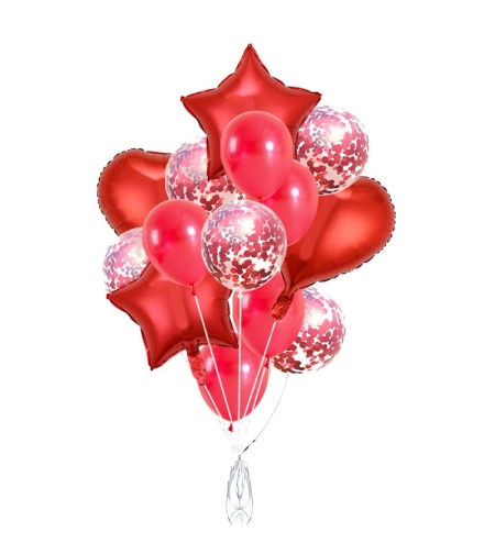 Set 14 Baloane din Folie Metalizată si din Latex, Flippy, Figurine Stea si Inima 45 cm, Baloane Latex 30 cm, Tema Buchet, Ambalaj Individual, Pai Inclus, Umflare cu Aer sau Heliu, Rosu