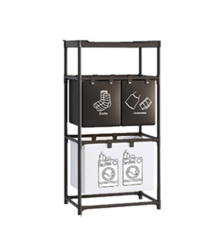 Cos de Rufe, Flippy, 3 Rafturi, 3 Cosuri, Cadru de Otel Inoxidabil, 123x28x57 cm, Negru