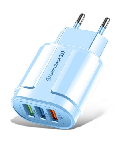 Incarcator Rapid QC3.0, Flippy, 3 Porturi USB, 2.1A, 18W, din ABS, Protectie Supraincalzire, Gama Macarons, Albastru