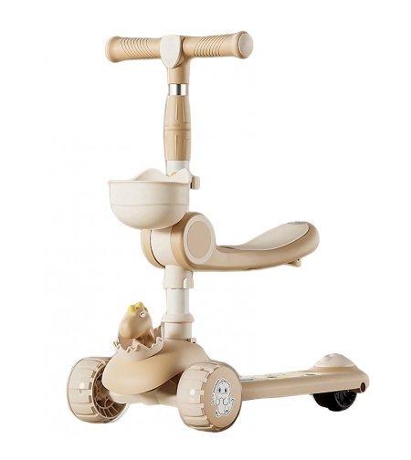 Trotineta Multifunctionala 3 in 1, Flippy, pentru Copii, 1-7 Ani, cu Lumini si Muzica, Reglabil 360, Pliere Usoara, Reglarea Inaltimii, Model Dinozaur, 67-76 x 24 x 55 cm, Alb/Bej