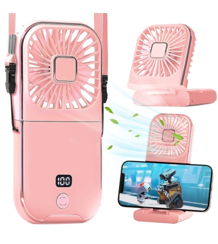 Ventilator Portabil Flippy, 3 in 1, de Mana, de Gat, de Birou, 16.7 x 8 x 1.9 cm, 3 Trepte de Viteza, Incarcare USB, Pliabil, Afisaj Digital, Suport Telefon, Roz