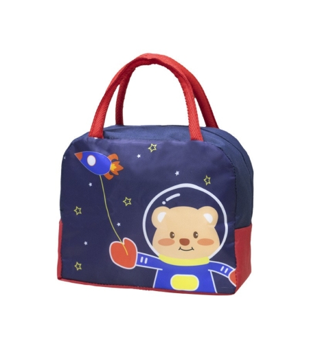 Geanta Termoizolanta pentru Copii, Flippy, 23x13x19 cm, Model Imprimeu Ursulet Astronaut, din Folie de Aluminiu si Panza Oxford, Albastru/Rosu