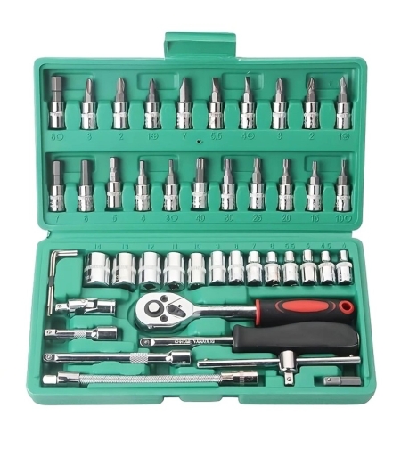 Chei tubulare Set 46 de Piese, Flippy, Trusa Scule de Reparatii Auto, Prelungitoare Rigid si Flexibil, Articulatie Cardanica, Antrenor de Forta Glisant, Adaptoare, Maner pentru Surubelnita, 23 x 12 x 4 cm, 1.9 kg, Cutie Verde