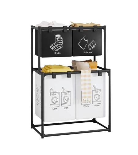 Cos de Rufe, Flippy, cu 2 Etaje, 4 Cosuri, Cadru de Otel Inoxidabil, 97x44x57 cm, Negru