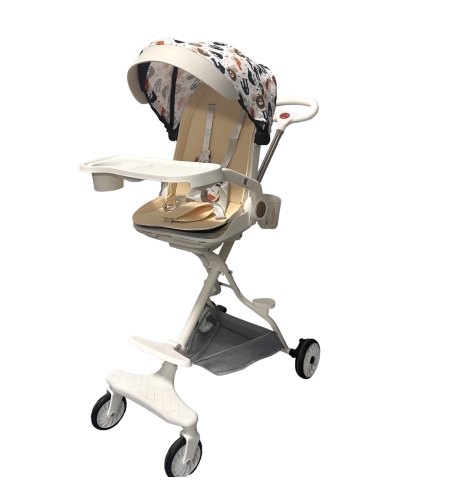 Carucior Sport Flippy 3in1, 6-36 Luni, Reversibil, Pliabil, Tavita pentru Masa, Pozitie de Somn, Centura de Siguranta, Roti 360, Suport Pahar, Copertina pentru Soare, 32x63x95cm, Crem Model Jungla