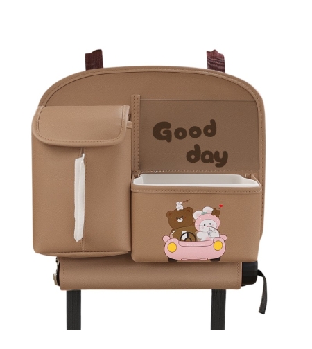 Geanta Multifunctionala de Depozitare, Flippy, pentru Bancheta din Spate a Masinii, Animat, Model Ursuleti, Scris Good Day, Suport Servetele si Telefon, 25x31 cm, Maro