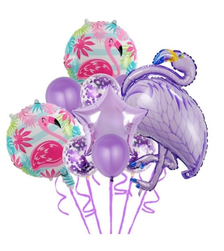 Set Baloane party aniversare, Flippy, din Folie de aluminiu si Latex, set din 10 baloane Flamigo Party, 1 stea, 5 baloane latex, 2 rotunde, 60 -90 cm, Mov