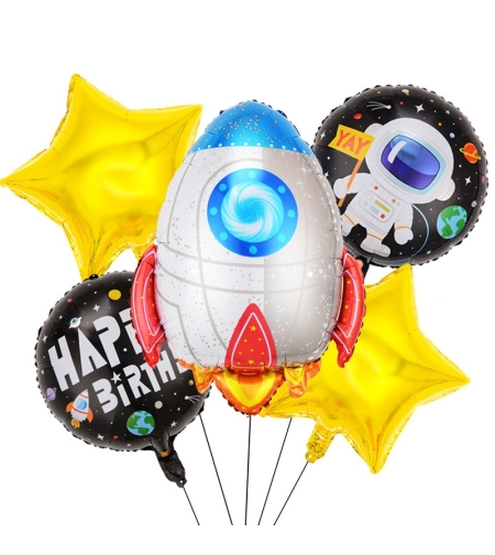 Set 5 baloane din folie metalizata HAPPY BIRTHDAY, Flippy, Figurina Model Racheta, Stelute Galbene, Adeziv si pai incluse, 78 x 45cm, Galben Alb