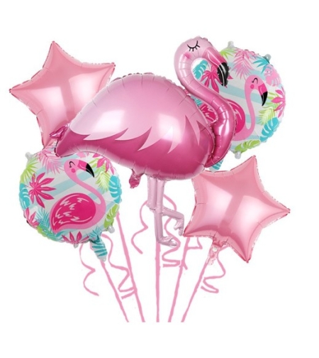 Baloane aniversare Flamingo Party, Flippy, din Folie de aluminiu si Latex, set din 5 baloane, 1 Flamingo, 2 Stele, 2 rotunde, 60 x 90 cm, Adeziv si pai inclus Rose