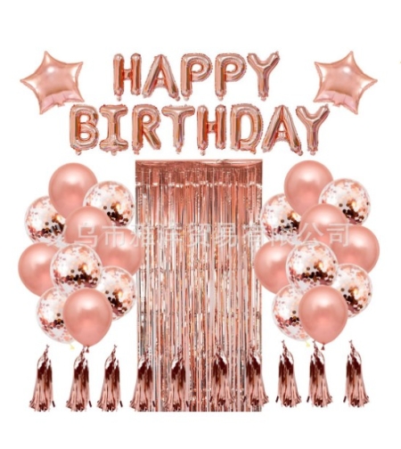 Set 47 baloane, 10 ciucuri, 2 baloane stea folie, 6 baloane latex confetti, 6 baloane galbene latex, 8 baloane negre latex, 1 Perdea Praty Folie, Litere Happy Birthday, Rose