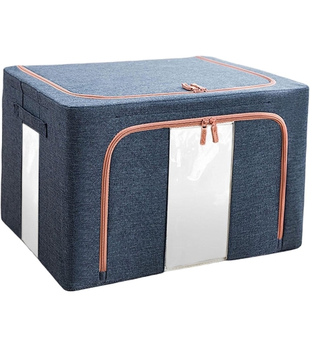 Cutie de Depozitare Pliabila, Flippy, Cu Fermoar, 24 L, Textil, 40x30x20 cm, Cadru Metalic, Suport Baza Stabil din Plastic, Albastru Marin cu Doua Ferestre