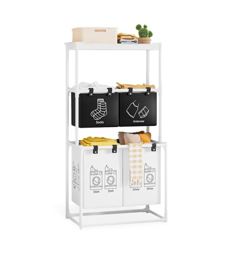 Cos de Rufe, Flippy, 3 Rafturi, 4 Cosuri, Cadru de Otel Inoxidabil, 123x28x57 cm, 123x44x57 cm, Alb