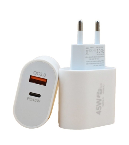 Incarcator Fast Charge pentru Telefon, Flippy, Power Delivery 45W, Dual Port USB-A Q.C 3.0 si Type-C PD45W, Compatibil cu orice Telefon, Alb
