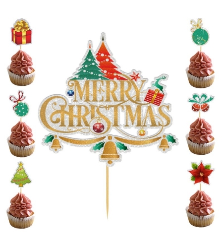 Set Toppere pentru Tort si Prajituri, Flippy, Tematica Craciun, Model Mare Scris Merry Christmas 15.5x14.3 cm, 6 Toppere Mici Modele Variate 5x5 cm, Multicolor