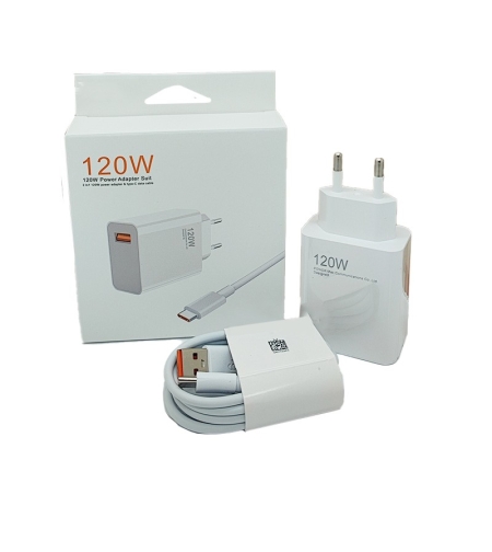 Incarcator Retea Super Charge pentru Telefon, Flippy, 120W Standard UE, Port USB-B cu Cablu TYPE-C de 1m Inclus, Alb