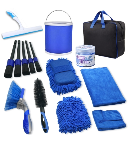 Set 15 Accesorii pentru Curatare Auto, Flippy, din PP si Microfibra, Interior/Exterior, 30 x 24 x 12 cm, Albastru/Negru