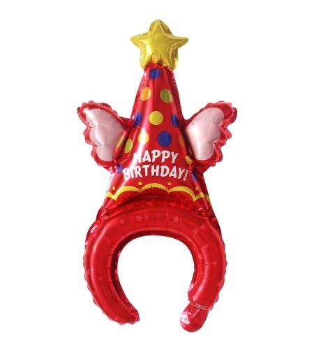 Balon din Folie Metalizata, Flippy, Tip Coronita, Model Palarie de Petrecere, Ambalaj Individual, Pai Inclus, Umflare cu Aer sau Heliu, 31 x 50 cm, Rosu