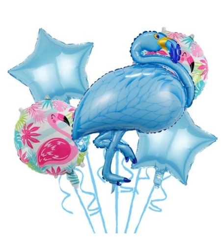 Set Baloane party aniversare, Flippy, din Folie de aluminiu si Latex, set din 5 baloane Flamigo Party cu 2 stele, 2 baloane rotunde, 60 -90 cm, Albastru