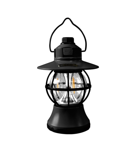 Lampă de camping retro portabilă, Felinar Vintage LED ABS, Acumulator inclus 1200 mAh, reincarcabila, 20 cm inaltime, 3 moduri de iluminare, intensitate reglabila,Lampa portabila pentru cort în aer liber, Negru