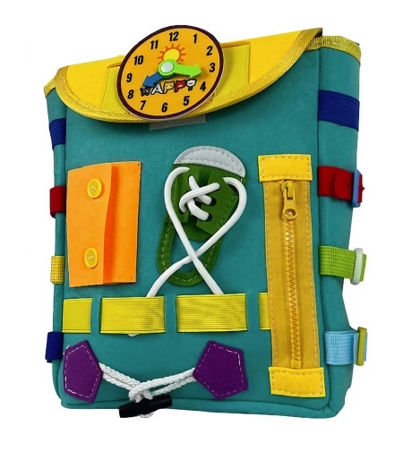Ghiozdan Montessori, Flippy, pentru Copii 2-6 ani, Fidget Pop, cu Catarame si Fermoare, Jucarii Senzoriale, Activitate de Invatare prin Joc, Turcoaz, 0.25 kg, 28x10x23 cm