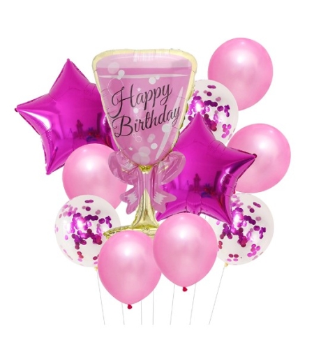 Set baloane Happy Birthday, Flippy, set din 11 bucati, Balon Pahar 93 cm, 2 baloane stea 45 cm, 5 baloane latex 30 cm, 3 baloane cu paiete 30 cm, Mov