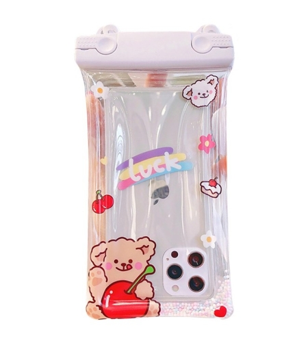 Husa subacvatica Fruity Waterproof Flippy, Snowproof, Universala, Impermeabila, cu Snur, pentru telefon sau documente, Cherry Bear, Alb