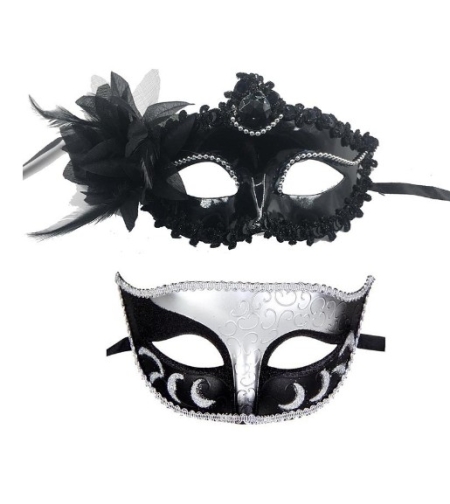 Set 2 Masti de Cuplu, Flippy, pentru Carnaval, Bal Mascat, Marime Universala, Model Floare Laterala si Margele, Model Clasic Fluture, Negru Argintiu