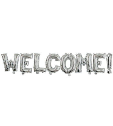 Set Baloane din Folie Metalizata, Flippy, Model WELCOME!, Litere de 40 cm, Baloane Party, Ambalaj Individual, Pai Inclus, Umflare cu Aer sau Heliu, Argintiu
