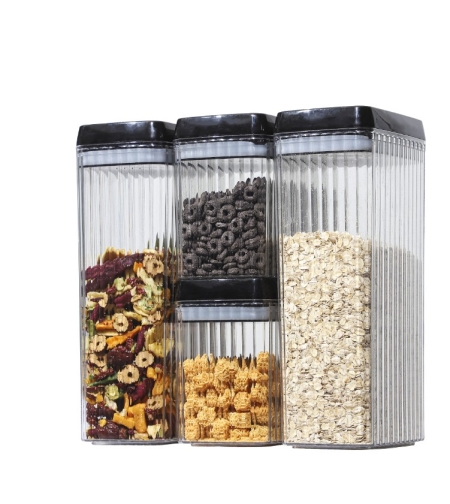Set 4 Recipiente din Plastic, Flippy, pentru Alimente/Obiecte, Inchidere Ermetica, Textura Ondulata, 2 x 1.5l, 2 x 3.3 l, Transparent