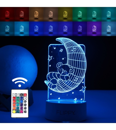 Lampa LED decorativa, Flippy, 3D, Ursulet si Semiluna, cu telecomanda, doua moduri de alimentare USB si baterii, 20 cm inaltime, din material acril si lumina multicolora, alb