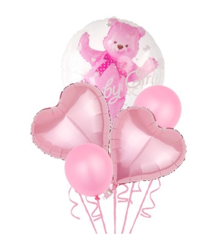 Set Baloane Aniversare, Flippy, set din 5 bucati, 1 bucata urs, 2 inimi folie, 2 simple din latex Baby Girl, 60 cm Roz