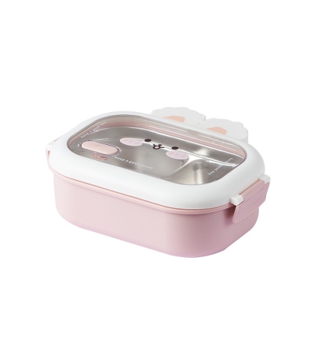 Cutie pentru Pranz sau Gustari, Flippy, cu Doua Compartimente, Model Iepuras, pentru Copii si Adulti, Etansare, PP, Perfect pentru Scoala si Birou, 1000 mL, 22x17.8x8 cm, Roz